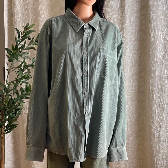 NWT Sun + Stone Sage Green Corduroy Button Up Shirt Grunge Men's Size XXL - Picture 2 of 6